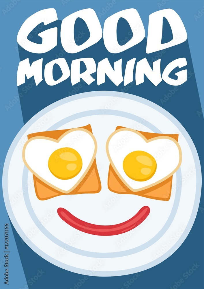 Poster Good morning eggs with toasts face on the plate Poster Good morning eggs with toasts face on the plate