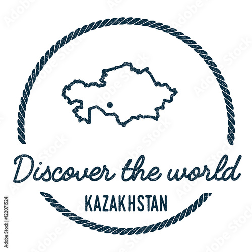 Kazakhstan Map Outline. Vintage Discover the World Rubber Stamp with Kazakhstan Map. Hipster Style Nautical Rubber Stamp, with Round Rope Border. Country Map Vector Illustration.