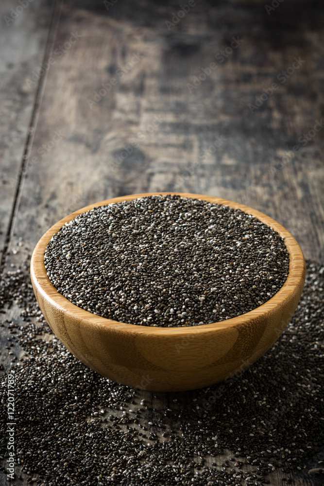 Chia seeds in a bowl on wooden table
Chia seeds in a bowl on wooden table