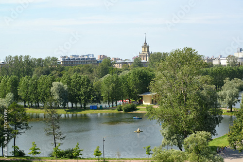 View of the Admiralty pond in the Moscow Victory park. St. Peter