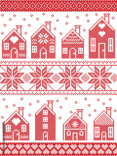 Seamless Scandinavian style and Nordic culture inspired Christmas and festive winter pattern in cross stitch style with gingerbread house village including decorative elements in red and white 