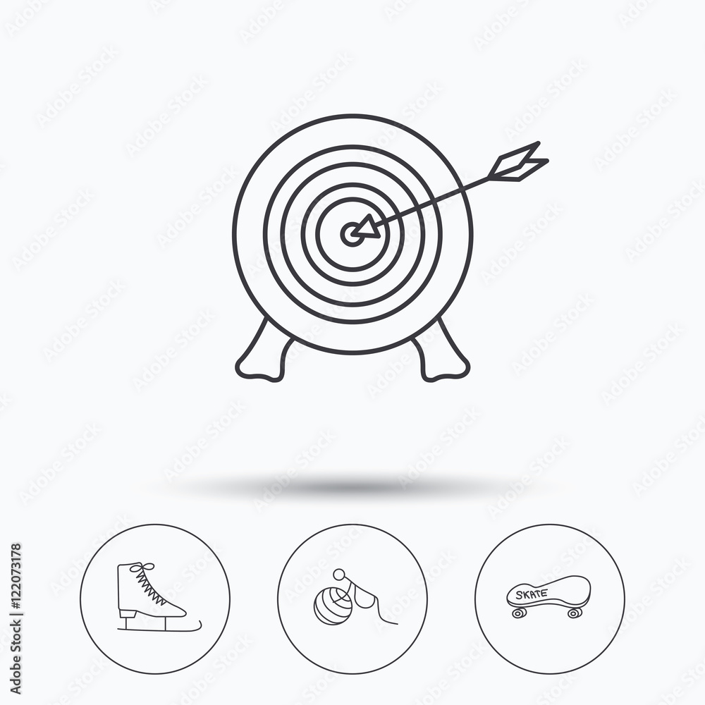 Target, ice skates and skateboard icons. Target, ice skates and skateboard icons.