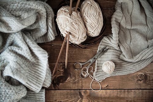 ball of yarn and knitting at home