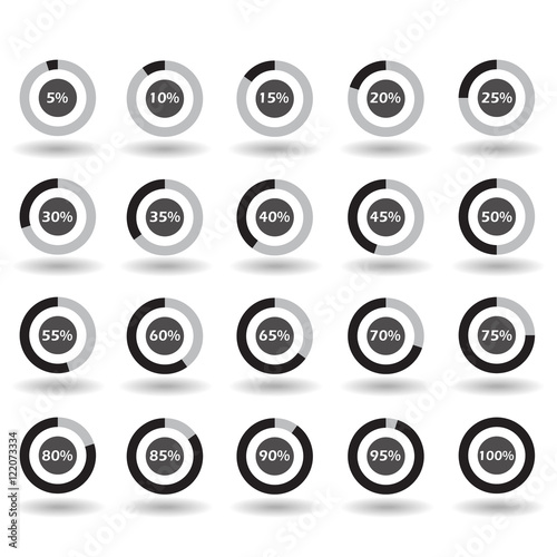 icons template pie graph circle percentage black chart 5 10 15 20 25 30 35 40 45 50 55 60 65 70 75 80 85 90 95 100 % set illustration round vector