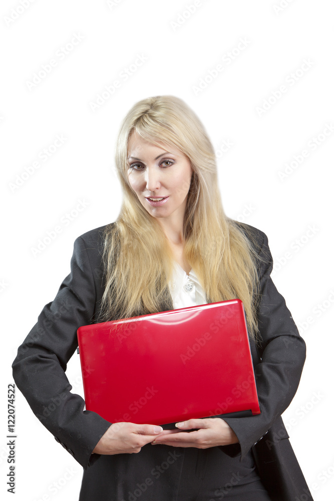 The blonde in a business suit with the red laptop