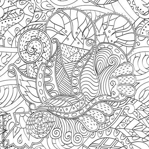 Tracery seamless calming pattern. Mehndi design. Ethnic monochrome binary doodle texture. Curved doodling black and white background. Vector.
