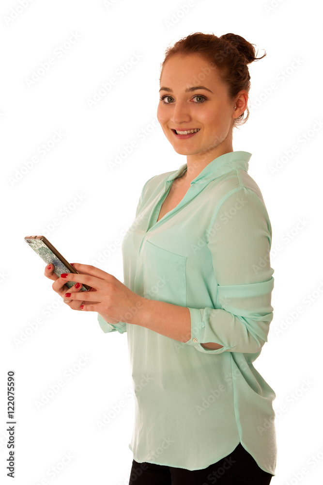 business woman showing a message on a screen of a smart phone is business woman showing a message on a screen of a smart phone is