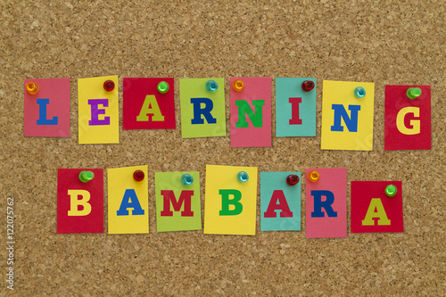 Learning Bambara word written on colorful notes pinned on cork board. photo