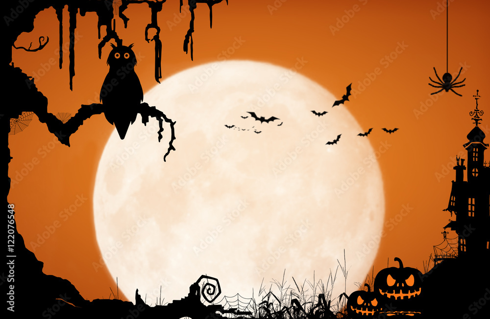 Fototapeta premium Halloween night background with moon, owl, spider, bat, pumpkin, castle and old tree.