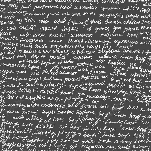 Abstract vector endless seamless texture with handwritten text, words and letters, "chalk on grey board" effect