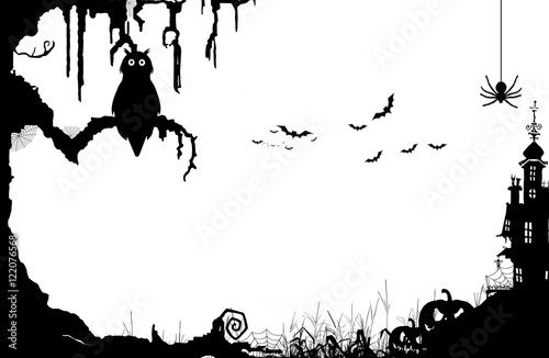 Halloween night on a white background with owl, spider, bat, pumpkin, castle and old tree.