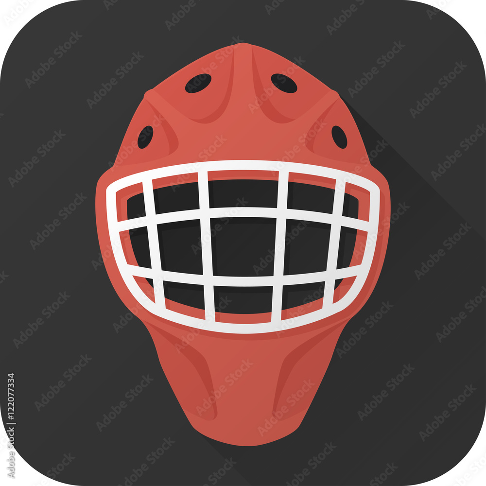 Obraz premium Vector illustration. Toy hockey goalie helmet in flat design with long shadow. Square shape icon in simple design. Icon vector size 1024 corner radius 180