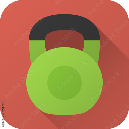 Vector illustration. Toy kettlebell in flat design with long shadow. Square shape icon in simple design. Icon vector size 1024 corner radius 180