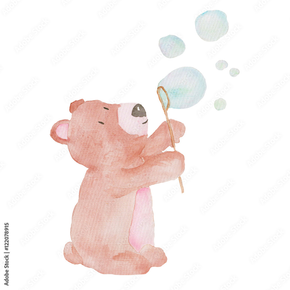 Naklejka premium Niedźwiadkowa Śliczna Zwierzęca akwarela ilustracja Gulgocze Wodnych dzieciaków dziecka Ręcznie malowanych zwierzęta Odizolowywających
