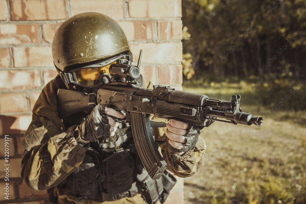 The man in the image of a member of the special forces division. Russian police special force - Special Rapid Response Unit or SOBR (Spetsnaz). The man in the image of a member of the special forces division. Russian police special force - Special Rapid Response Unit or SOBR (Spetsnaz).