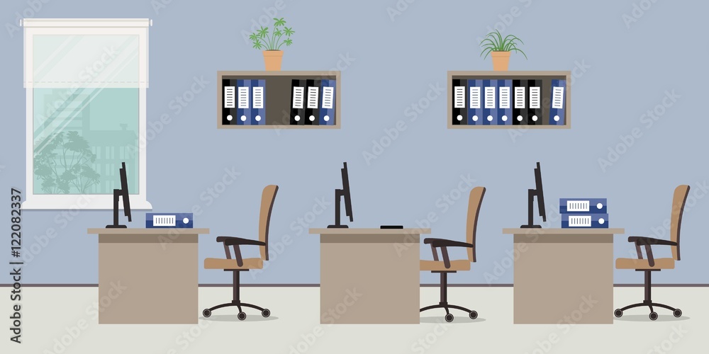 Office room. There is a workplace for three office workers in blue colors. Vector flat illustration. There are tables, chairs, computers, folders and other objects in the picture