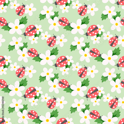 Small flower vector with ladybug. Cute white floral  seamless pattern. Floral background.
