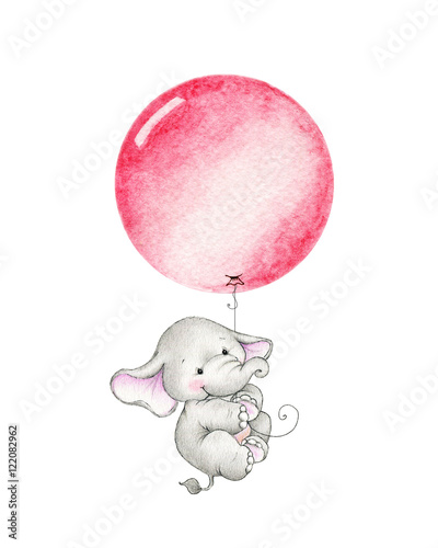Photography Cute elephant flying on red balloon