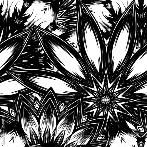 Seamless floral background. Tracery handmade nature ethnic fabric backdrop pattern with flowers. Textile design texture. Decorative binary monochrome black and white art. Vector.