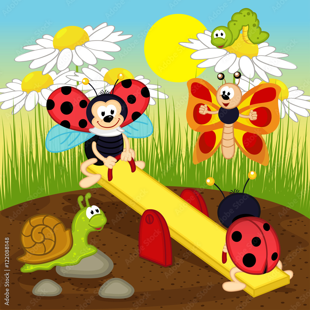 Fototapeta premium ladybugs swinging on swing - vector illustration, eps 