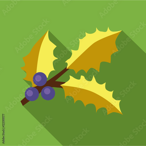 Holly berry leaves and fruits icon in flat style isolated with long shadow vector illustration