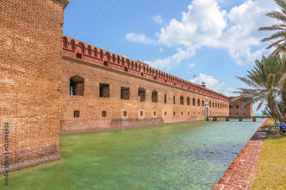 Fort Jefferson and its moat of sea water at Dry Tortugas National Park, Florida. The Dry Tortugas are a small group of islands, located in the Gulf of Mexico at the end of the Florida Keys.