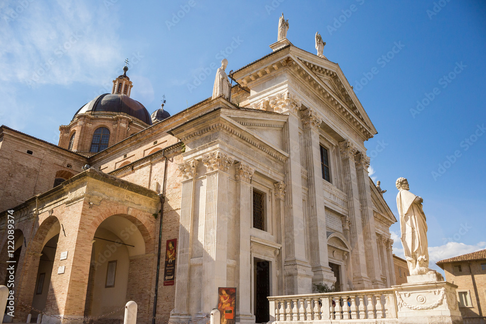Facade of Santa Maria Assunta Cathedral in Urbino, Marche, Italy
