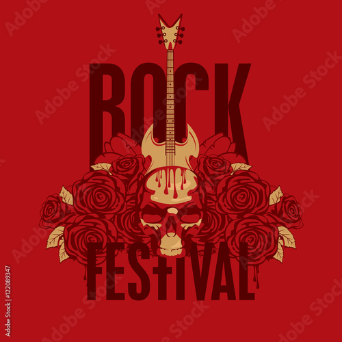 music poster with an electric guitar among flowers roses and the words Rock festival