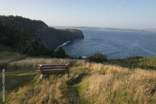 Bench overlooking the ocean, Bonavista Peninsula, Newfoundland, Canada