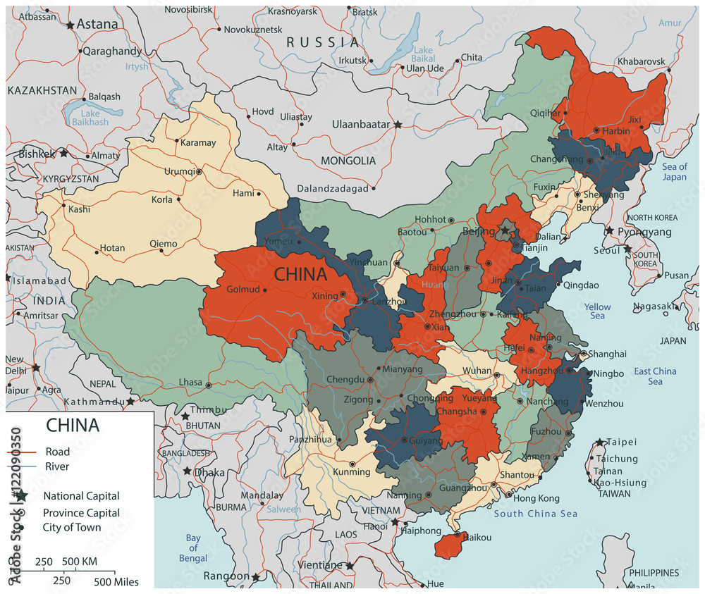 Colorful China political map with selectable territories. Vector