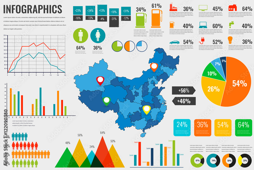China map with Infographics elements. Infographics layouts. Vector