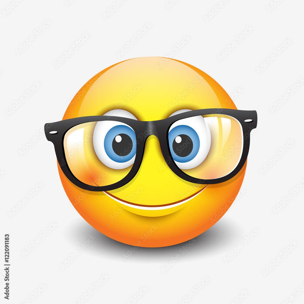 Cute smiling emoticon wearing eyeglasses, emoji, smiley Stock ...