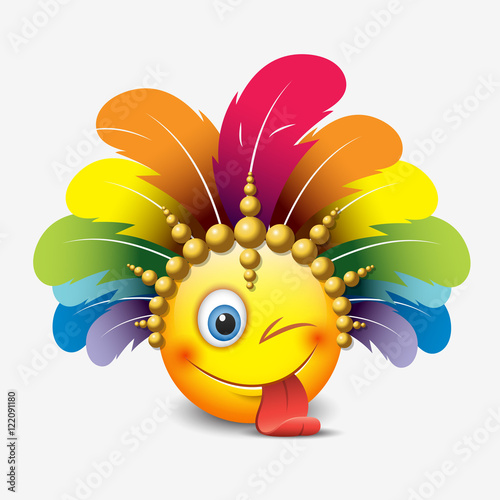 Cute winking emoticon sticking out his tongue isolated on white background with carnival headdress motive - smiley