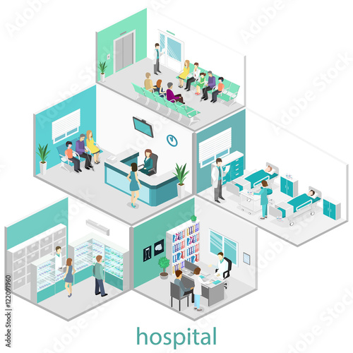 Isometric flat interior of hospital room, pharmacy, doctor's office, waiting room, reception. Doctors treating the patient. Flat 3D illustration