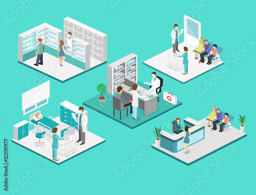Isometric flat interior of hospital room, pharmacy, doctor's office, waiting room, reception. Doctors treating the patient. Flat 3D illustration