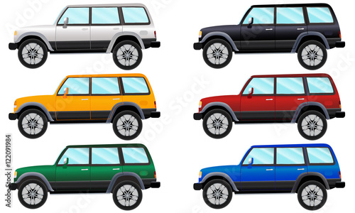 Set of terrain vehicles in six different colors.Vector illustration