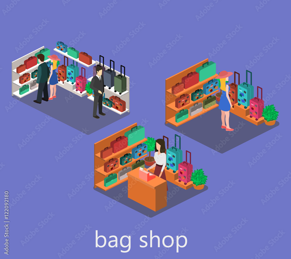 isometric infographic. interior of luggage shop isometric infographic. interior of luggage shop