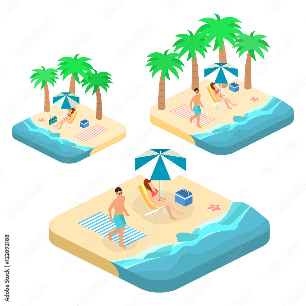 Isometric infographic landscape with sea and people on the beach. Isometric flat 3D landscape.