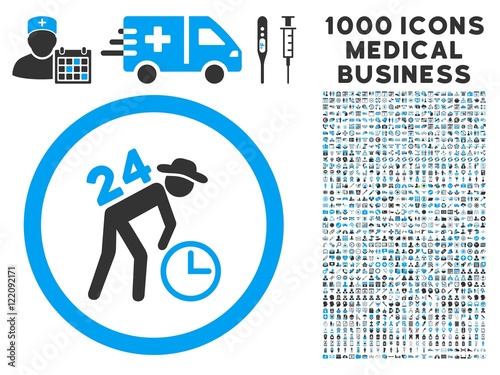 Around the Clock Work icon with 1000 medical business gray and blue vector design elements. Collection style is flat bicolor symbols, white background.