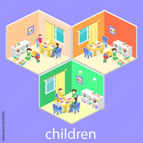 Isometric interior of room in the kindergarten. Children draw. Flat 3D illustration