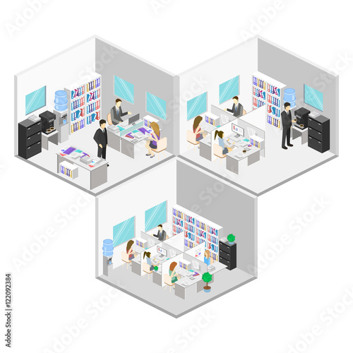 Flat 3d isometric abstract office floor interior departments concept . People working in offices.