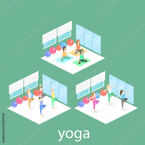 Isometric interior of yoga class. people do yoga.