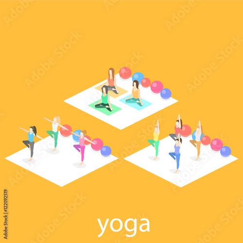 Isometric interior of yoga class. people do yoga.