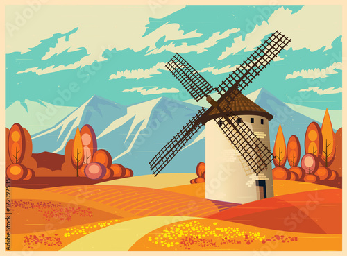 windmill in autumn old poster
