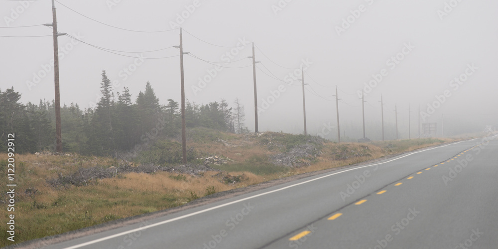 Fog on highway, Newfoundland, Canada