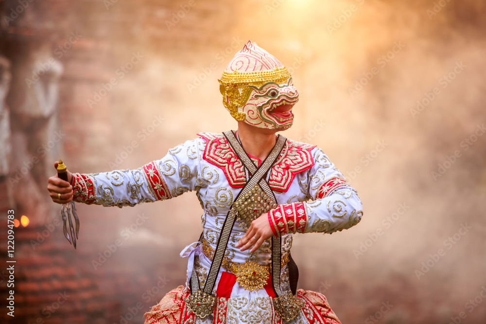 The pantomime (Khon) festival candles. Thai traditional dance of the Ramayana dance drama in Wat Mahaeyong in Ayutthaya, Thailand.