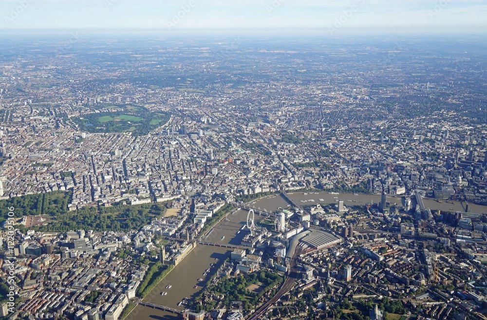 Aerial view of Central London from an airplane window