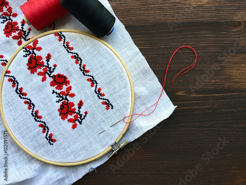 Traditional Folk cross-stitch flower ornament, fabric in the hoo photo