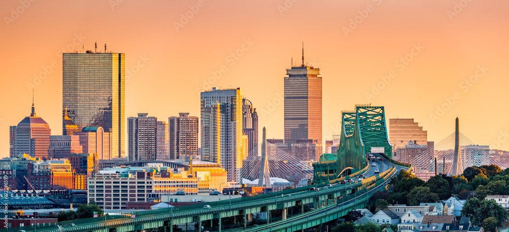Tobin bridge, Zakim bridge and Boston skyline panorama at sunset. - obrazy, fototapety, plakaty 