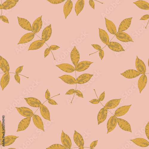 Floral seamless pattern with gold branches and leaves on pink. Autumn leaf background can be used for pattern fills, web page background, surface textures. Vector illustration.